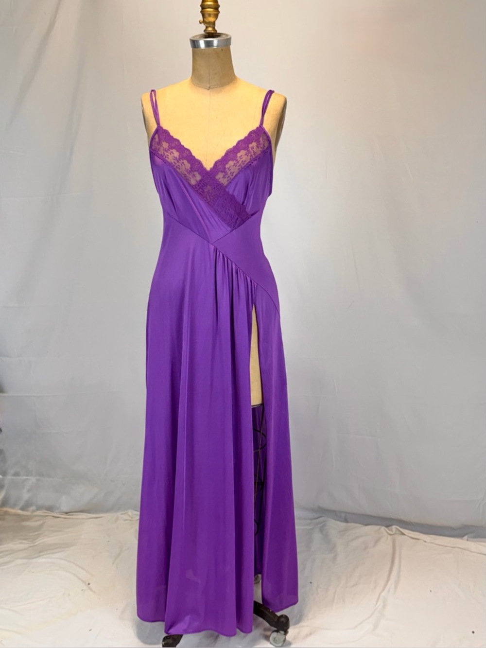 VINTAGE violet purple nylon silky nightgown slip dress maxi side slit lace sexy - Picture 8 of 13